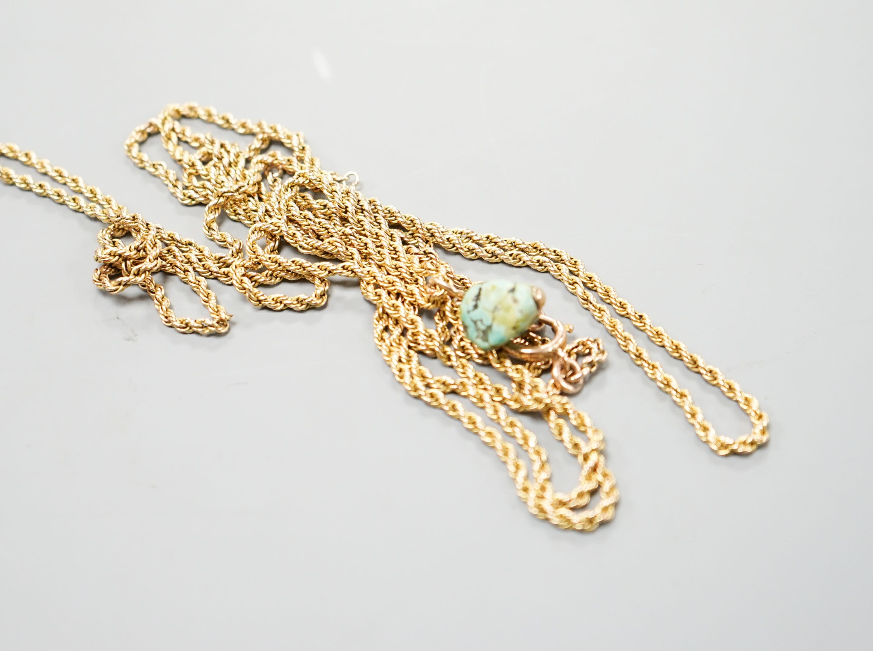 A 9ct rope twist guard chain, with turquoise pebble pendant, chain length, 146cm